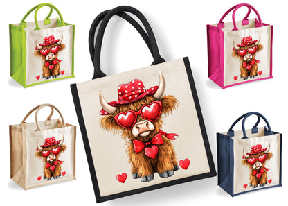 Highland Cow Tote Bag | Jute | Reusable Bag | Hearts