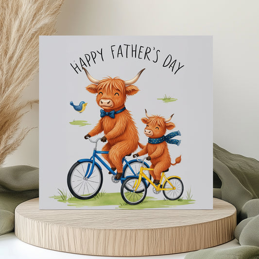 Fathers Day Card - Highland Cow Fathers Day - Cycle with Moo