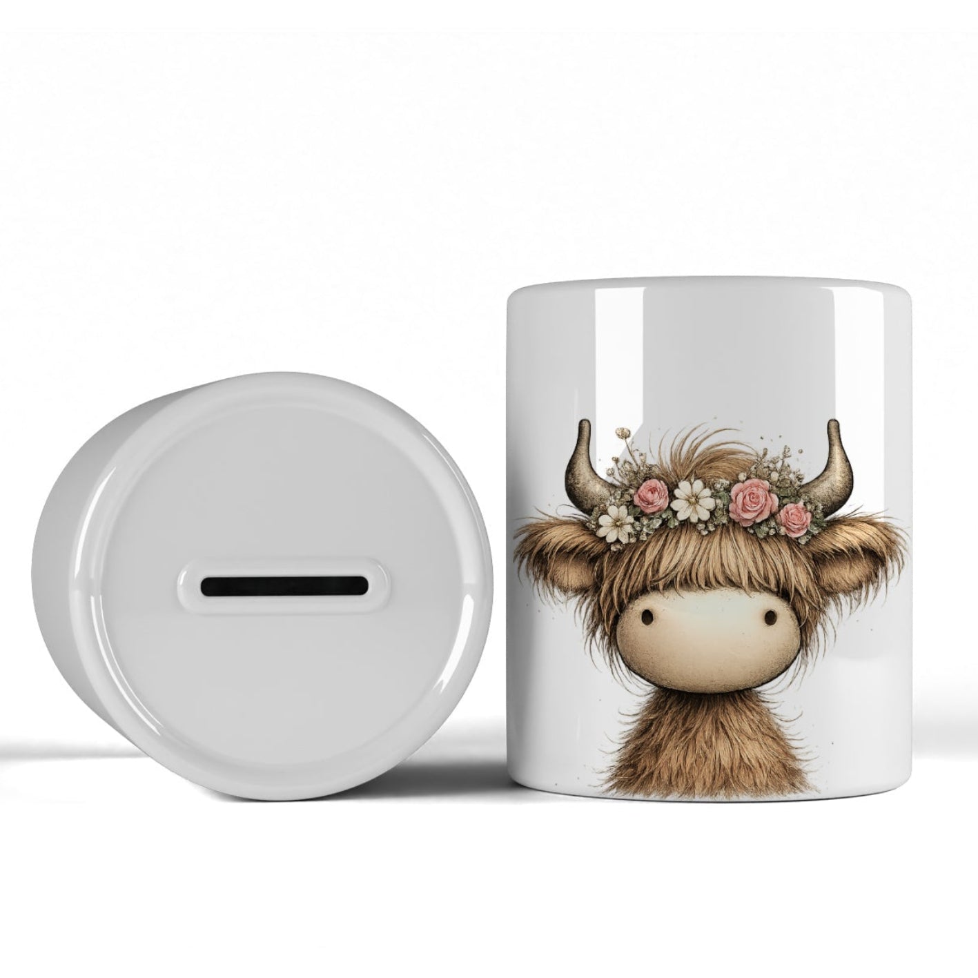 Ceramic Bank - Highland Cow Ceramic Bank - Money Pot - Flower Moo