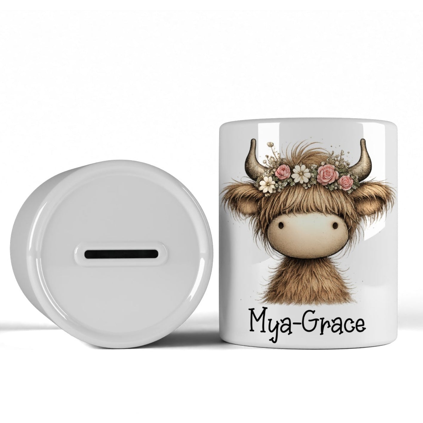 Ceramic Bank - Highland Cow Ceramic Bank - Money Pot - Flower Moo