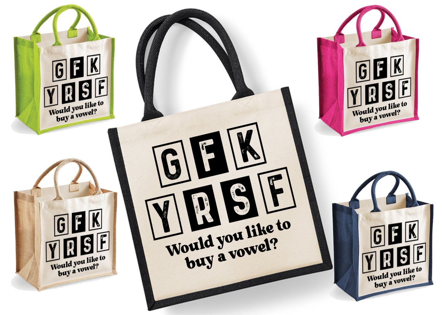 GFK YRSF Would you like to Buy a Vowel  | Jute | Jute Tote Bag | Shopping Bag | Reusable Bag | Funny