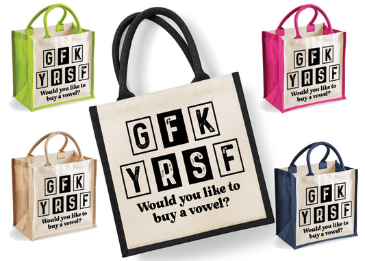 GFK YRSF Would you like to Buy a Vowel  | Jute | Jute Tote Bag | Shopping Bag | Reusable Bag | Funny