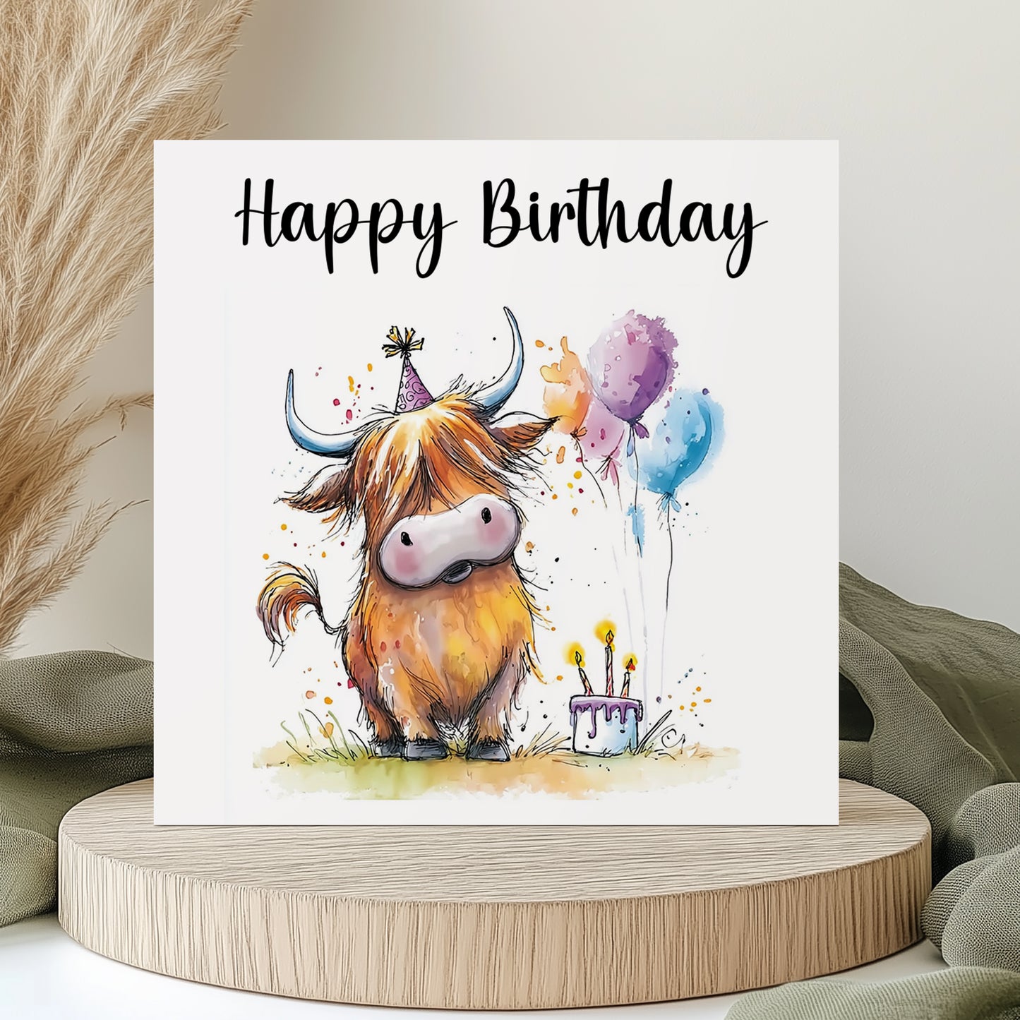 Birthday Card - Highland Cow Birthday Card - Happy Birthday - Personalised Birthday Card - Cake