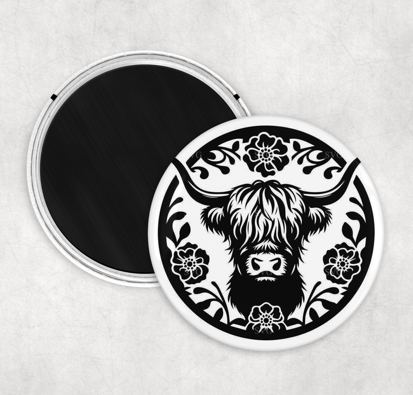 Highland Cow Fridge Magnet - Black & White - 58MM Round Fridge Magnet