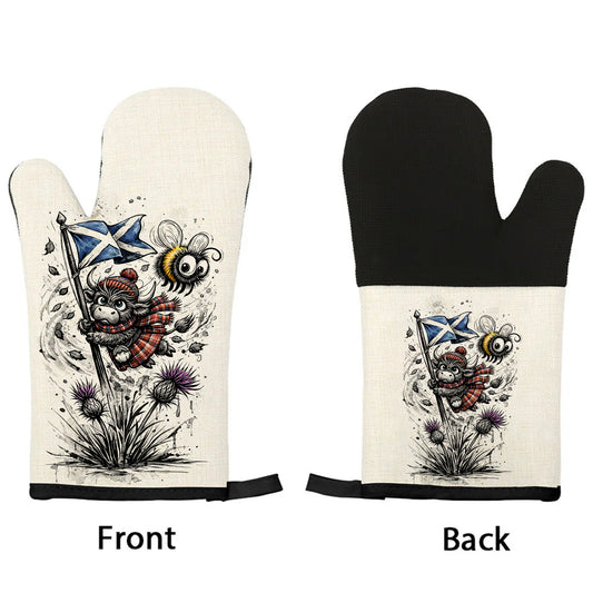 Highland Cow Oven Mitts – Heat Resistant Linen & Silicone Gloves | Personalised | Highland Hoolie