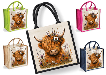 Highland Cow Tote Bag | Jute | Reusable Bag | Moo in Wildflowers