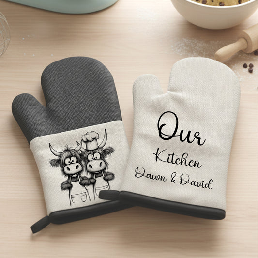 Highland Cow Oven Mitts – Heat Resistant Linen & Silicone Gloves | Personalised | Our Kitchen
