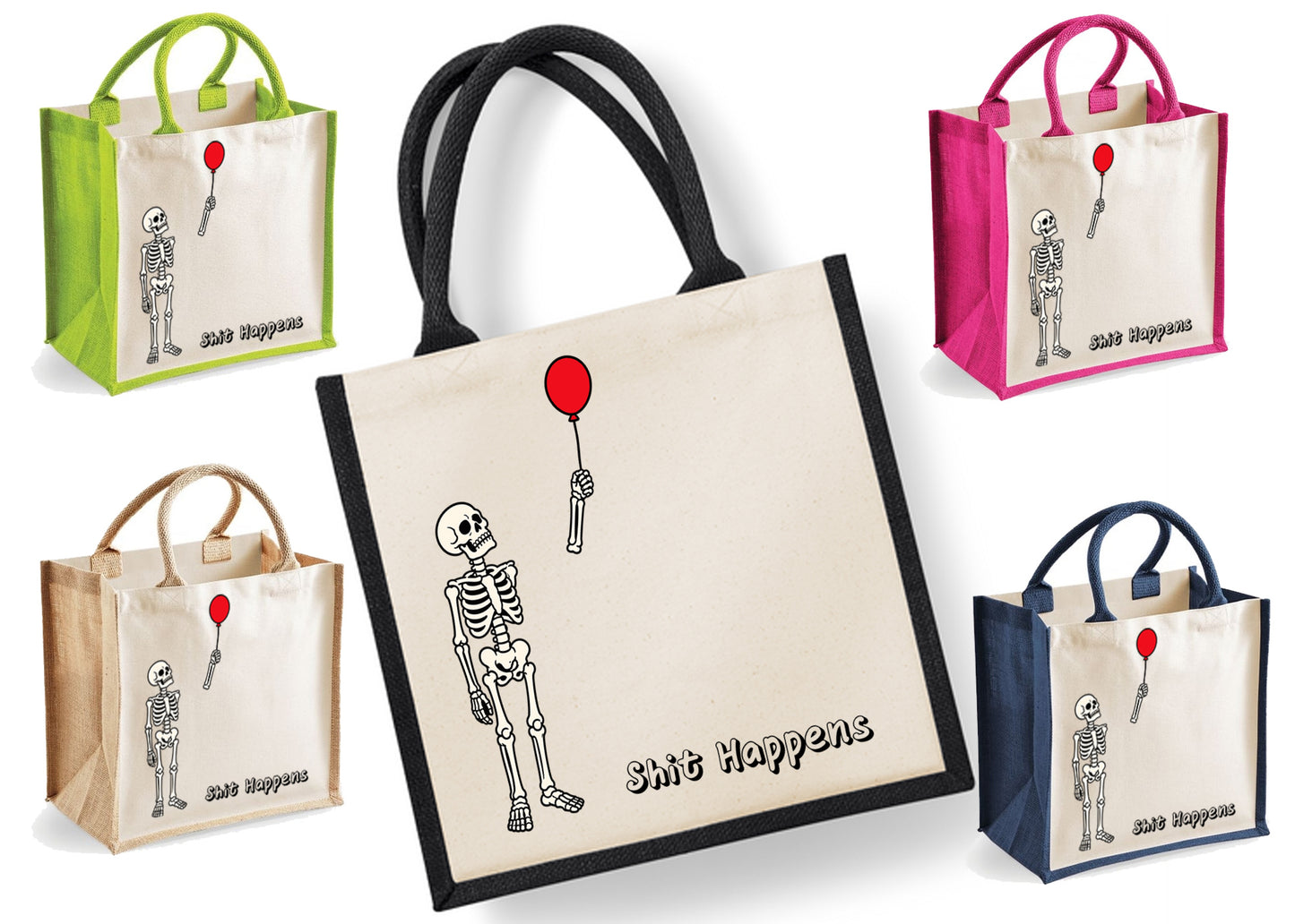Shit Happens  | Jute | Jute Tote Bag | Shopping Bag | Reusable Bag | Funny | Skeleton