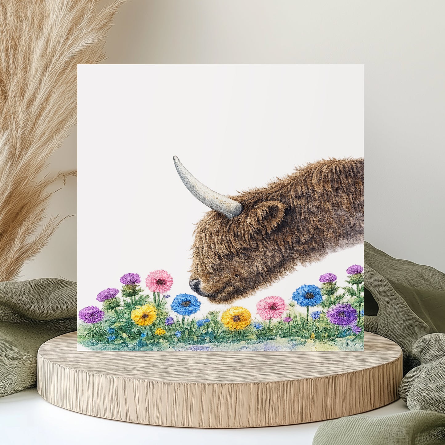Highland Cow Card - Birthday Card - Smell The Flowers