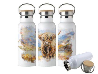 Personalised Water Bottle | 600ml | Hot/Cold | Custom Water Bottle | Highland Cow | Metal Water Bottle Bamboo Lid with Carry Handle