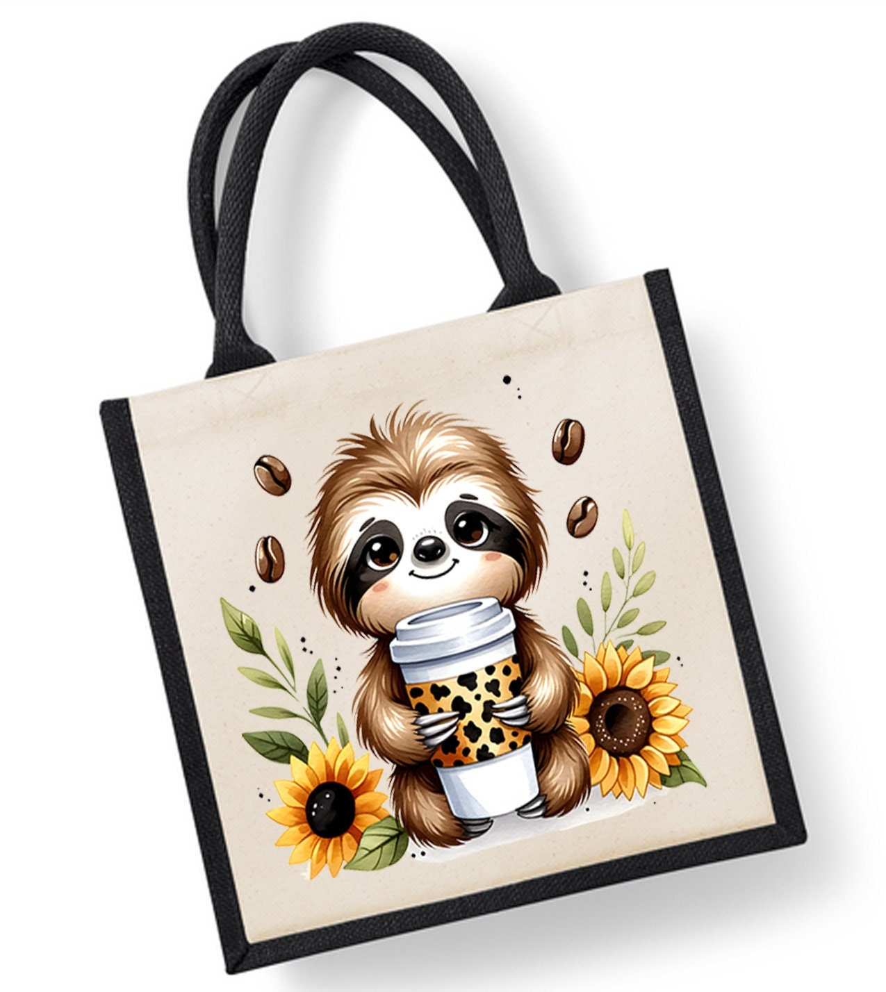 Sloth Tote Bag | Jute | Jute Tote Bag | Shopping Bag | Reusable Bag | Sloth | Coffee