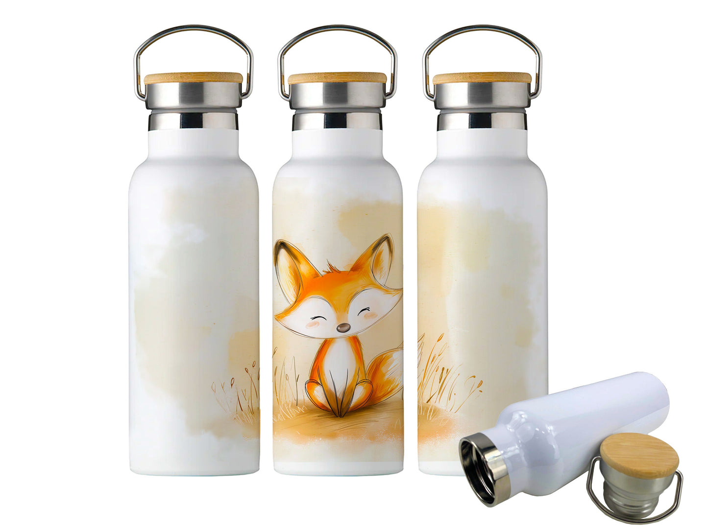 Personalised Water Bottle | 600ml | Hot/Cold | Custom Water Bottle | Fox | Metal Water Bottle Bamboo Lid with Carry Handle