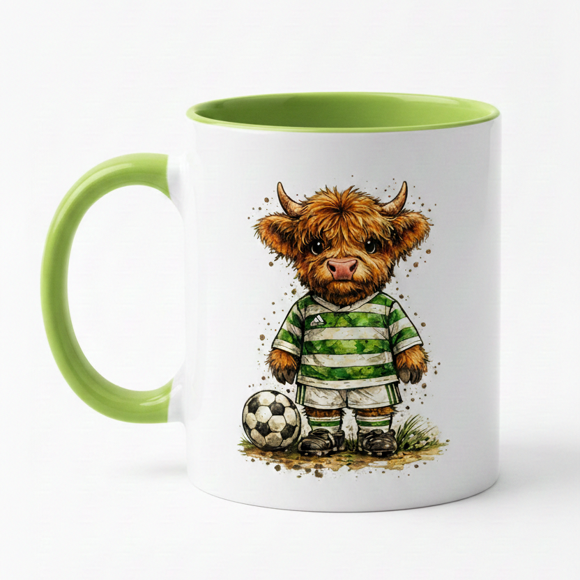 Mug with a cartoon Highland cow holding a football on a white background