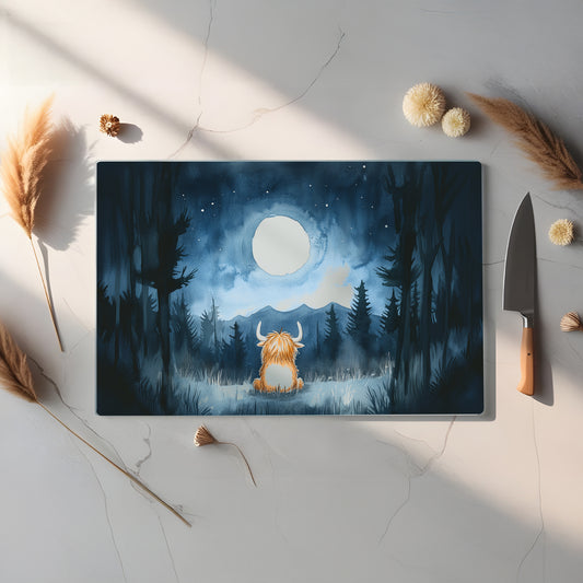Glass Chopping Board - Highland Cow Chopping Board - Cutting Board - Cheese Board - Moo at the Moon