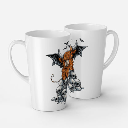 Two white mugs with a decorative design featuring a dragon and skulls on a white background.