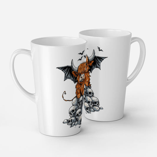 Two white mugs with a decorative design featuring a dragon and skulls on a white background.