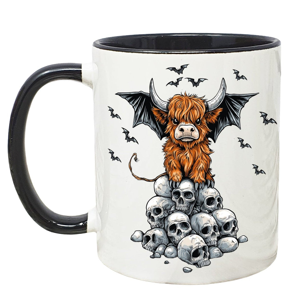 Mug with a design of a cow with bat wings sitting on skulls, on a white background.