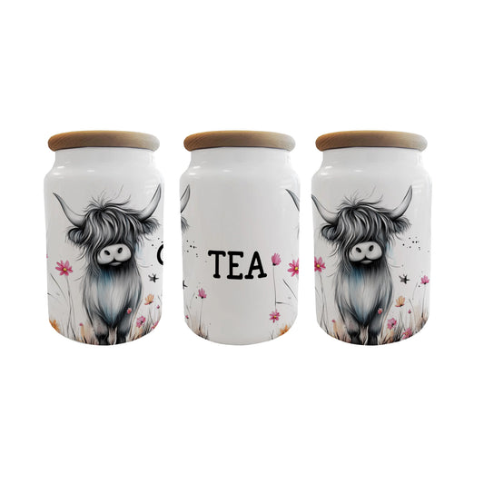 Tea Coffee Sugar Caddie Set - Highland Cow - Ceramic Caddie - Ceramic Jar